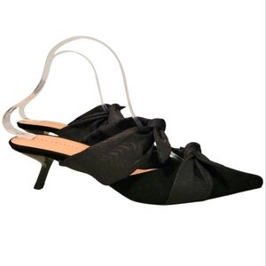 Zara Black Knotted Bow Pointed Toe Slanted Kitten Heels Sandals Shoes Wmns 9